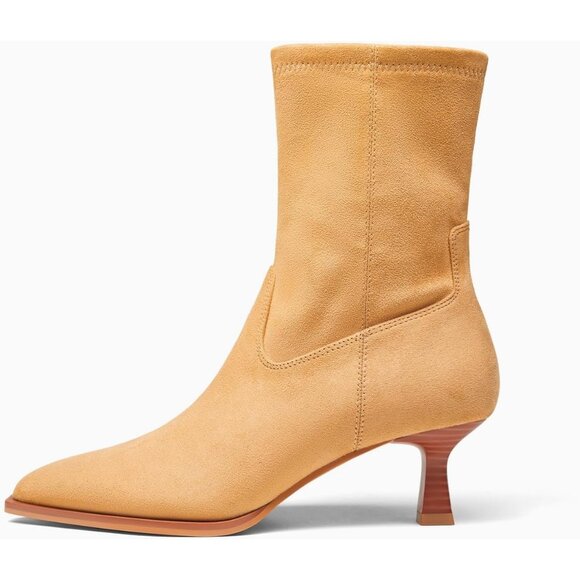 Women's Camel Suede Pointed Toe Ankle Boots Stacked Kitten Low Heel Side Zipper - Picture 4 of 6